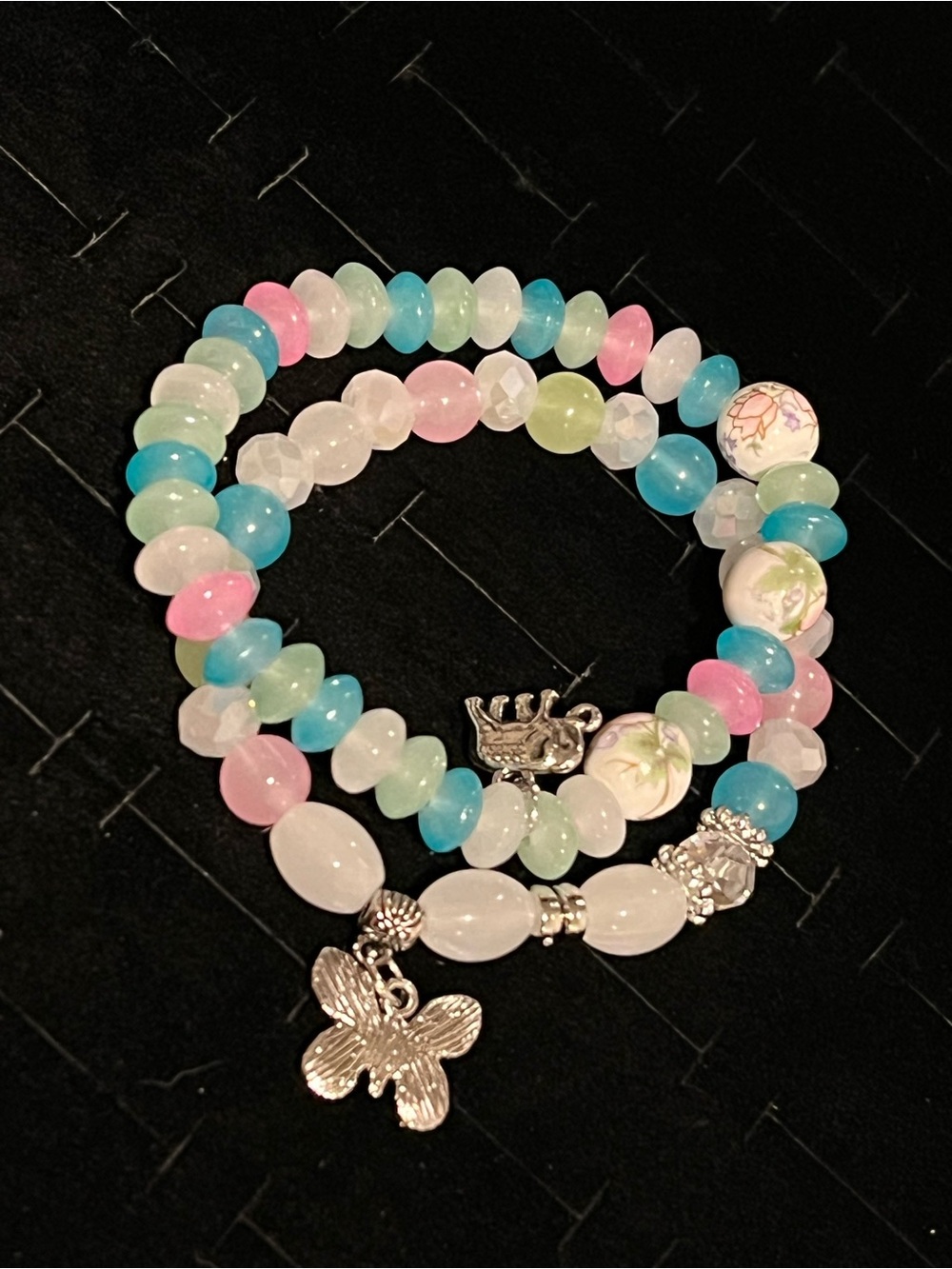 Beaded Butterfly Charm Bracelet - Pink Blue Green White